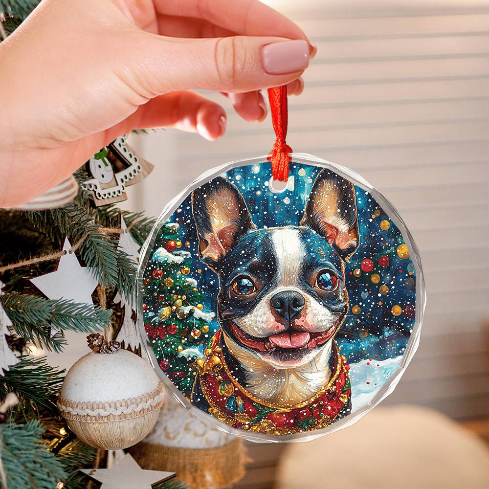 Beautiful Boston Terrier Dog Christmas Night Design 2 Glass Ornament