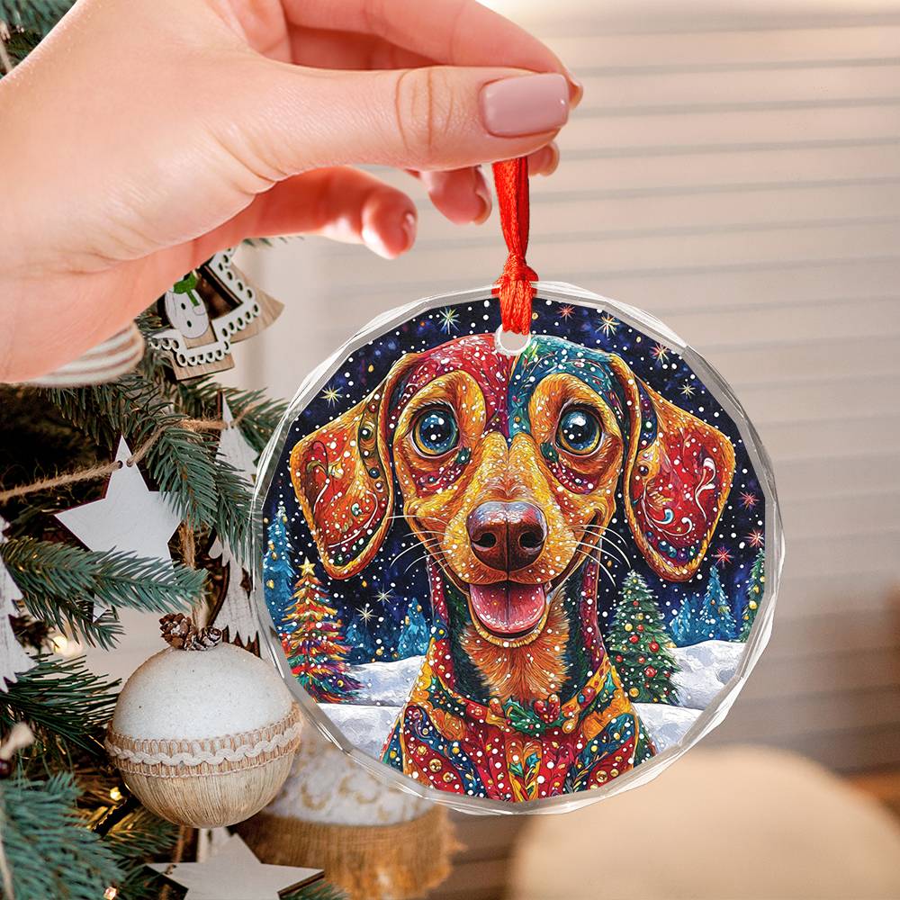 Beautiful Angus Dachshund Dog Christmas Night Design 3 Glass Ornament