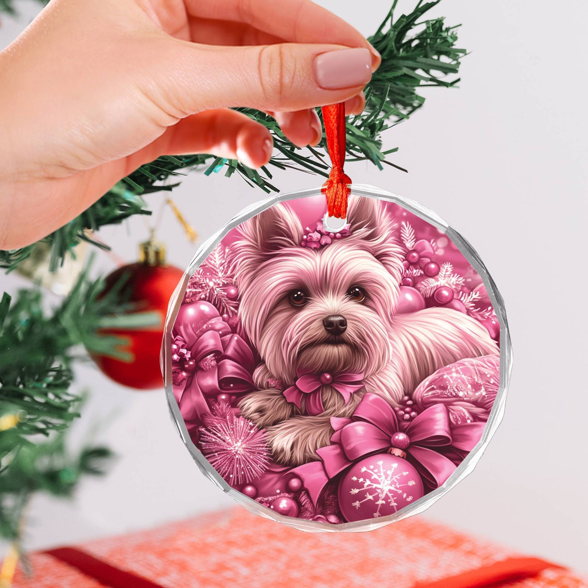 Yorkshire Terrier Dog Pink Christmas Design 3 Glass Ornament
