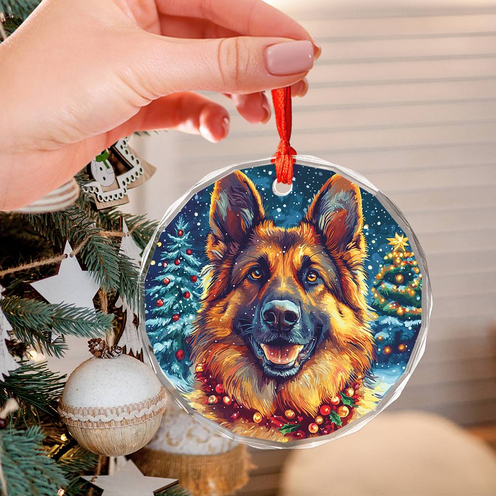 Beautiful German Shepherd Dog Christmas Night Design 3 Glass Ornament