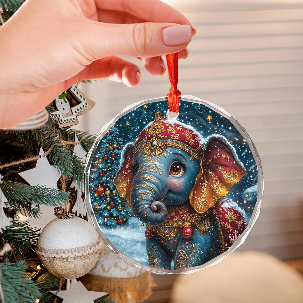 Beautiful Elephant Christmas Night Design 2 Glass Ornament