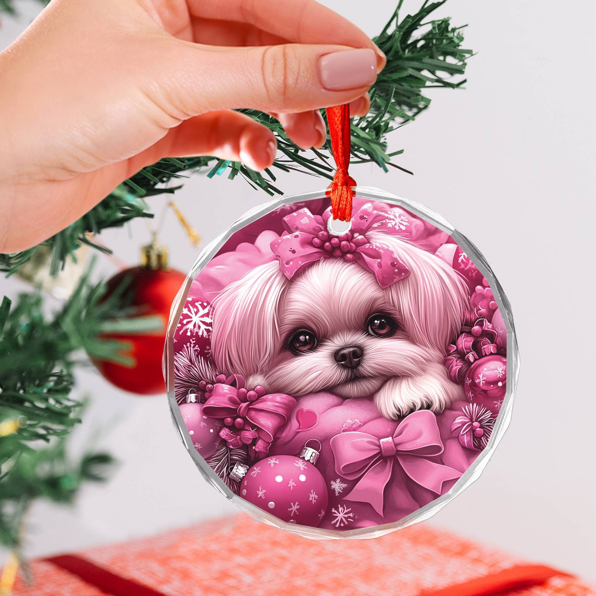 Shih Tzu Dog Pink Christmas Design 2 Glass Ornament