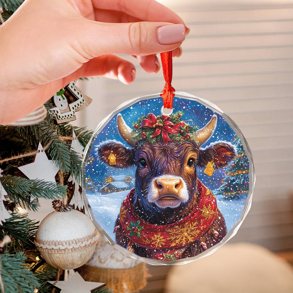 Beautiful Angus Cow Christmas Night Design 4 Glass Ornament