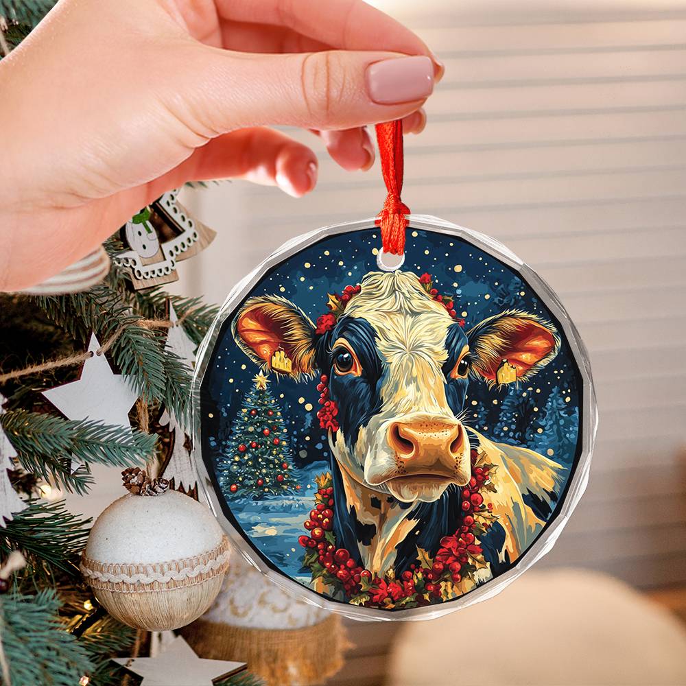 Beautiful Dairy Cow Christmas Night Design 2 Glass Ornament