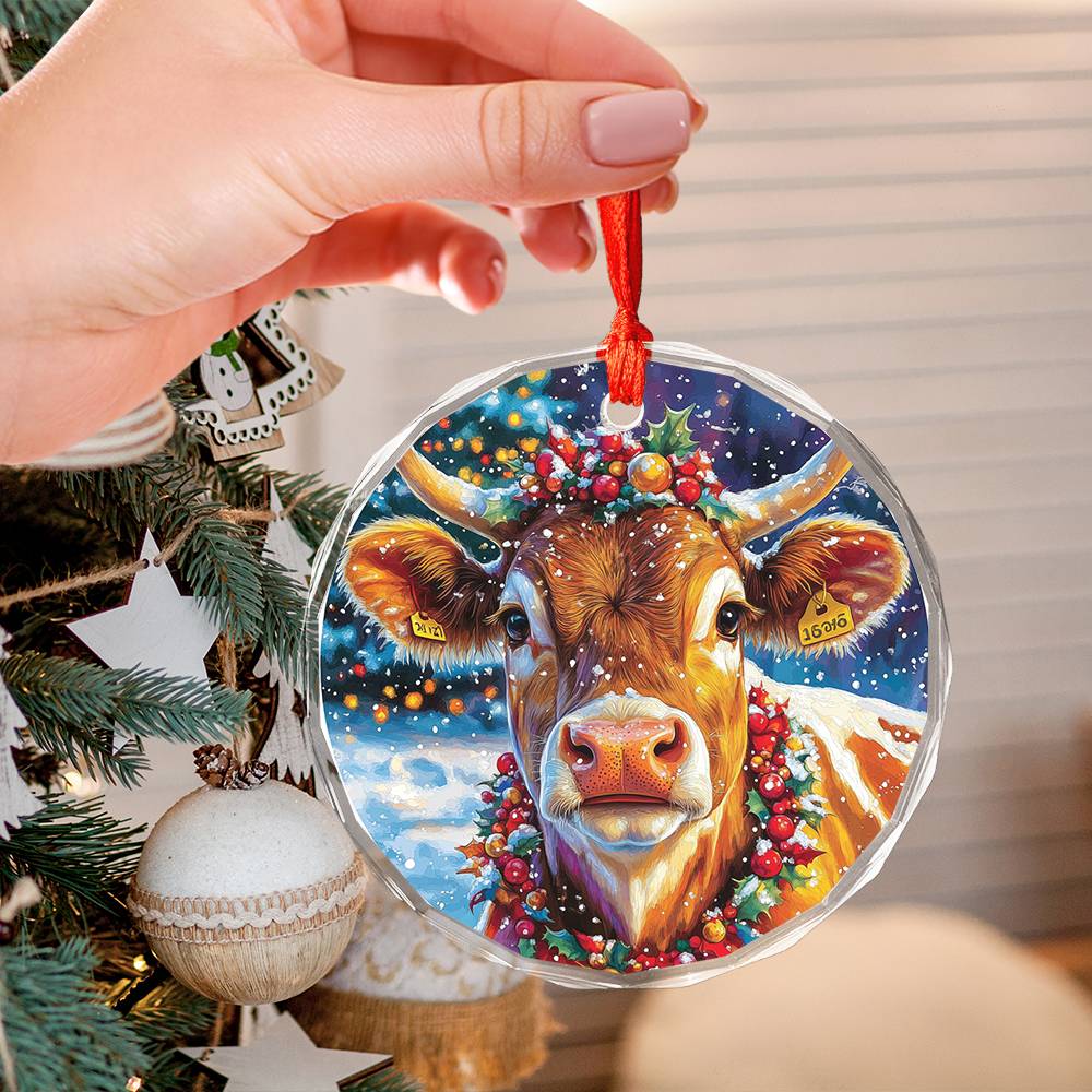 Beautiful Jersey Cow Christmas Night Design 3 Glass Ornament