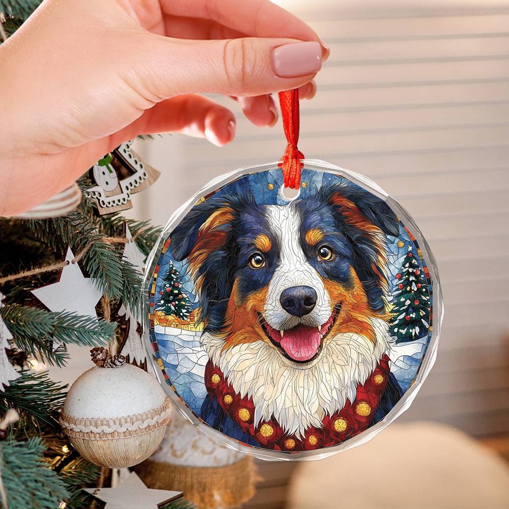 Beautiful Border Collie Dog Christmas Night Design 2 Glass Ornament