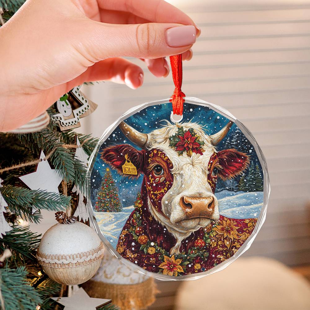 Beautiful Hereford Cow Christmas Night Design 1 Glass Ornament