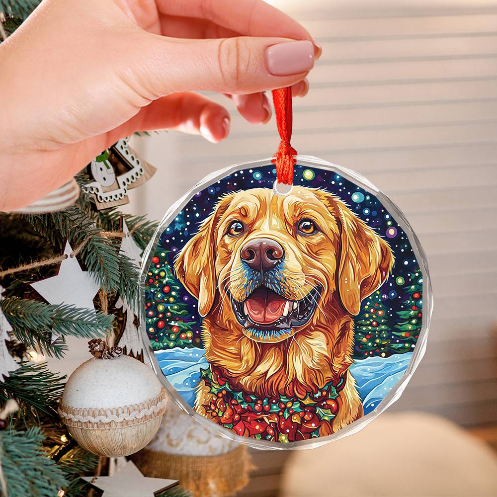 Beautiful Angus Labrador Retriever Dog Christmas Night Design 1 Glass Ornament