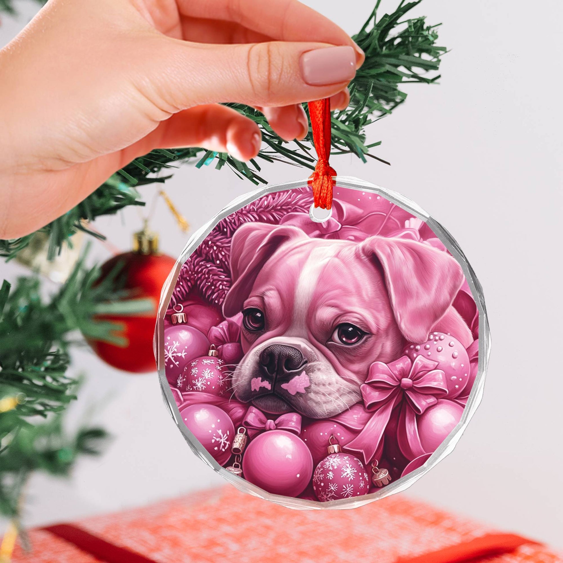 Boxer Dog Pink Christmas Design 3 Glass Ornament