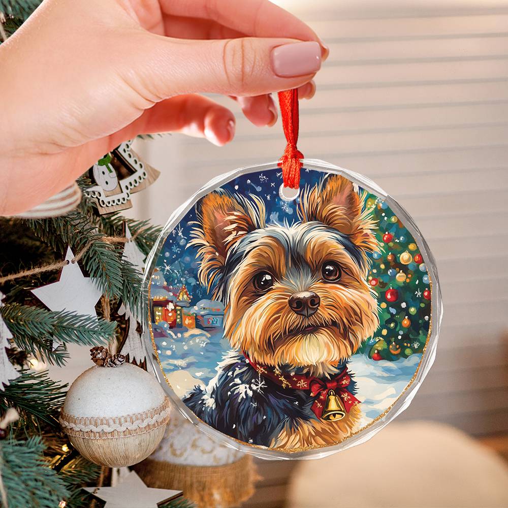 Beautiful Angus Yorkshire Terrier Dog Christmas Night Design 3 Glass Ornament