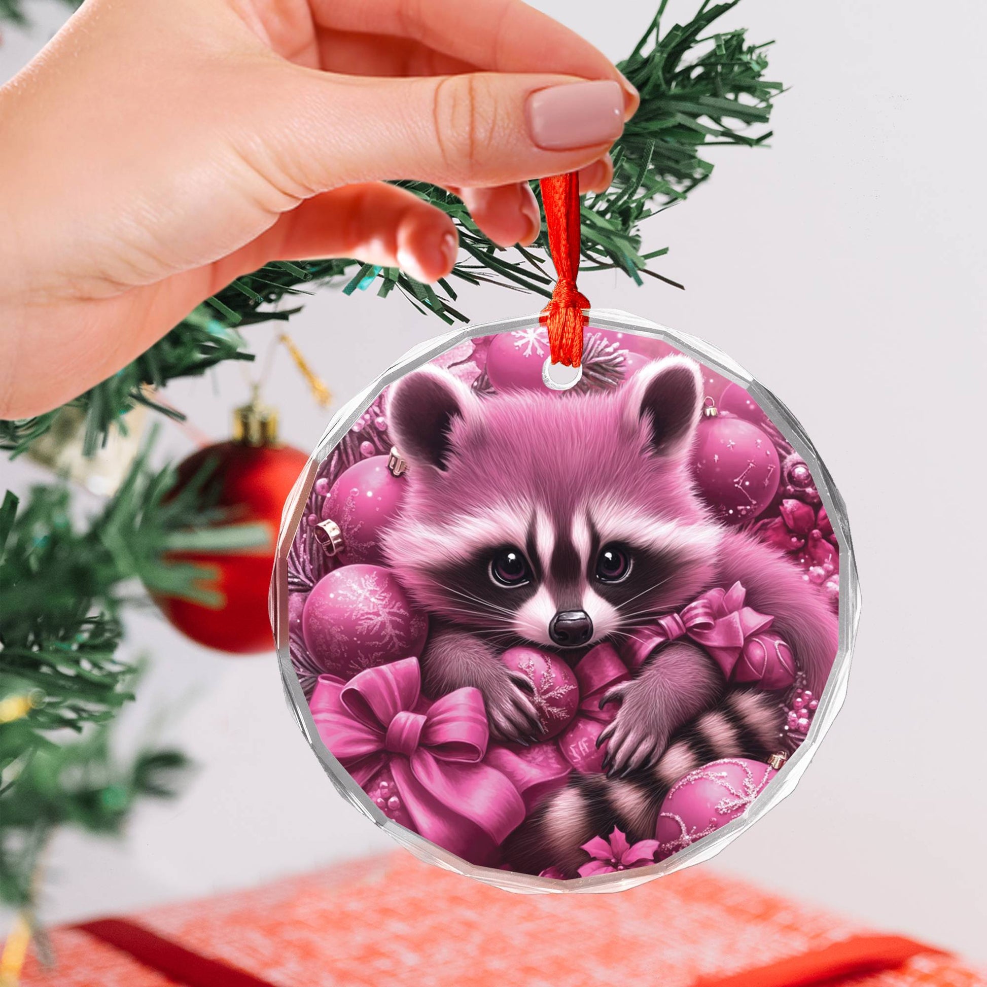 Racoon Pink Christmas Design 4 Glass Ornament