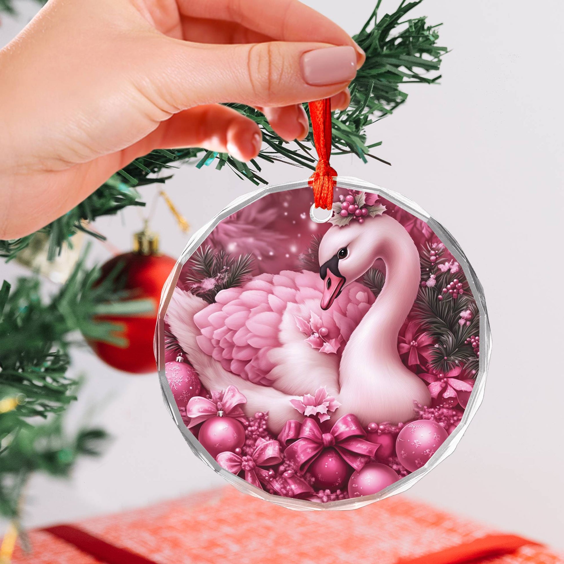 Swan Pink Christmas Design 1 Glass Ornament