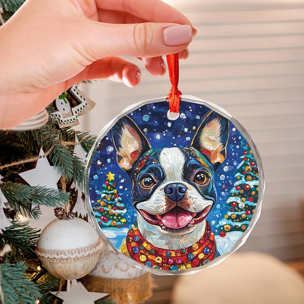 Beautiful Boston Terrier Dog Christmas Night Design 3 Glass Ornament