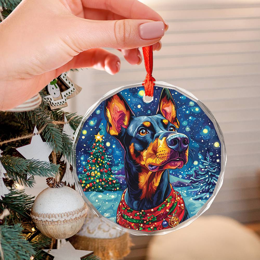 Beautiful Angus Doberman Pinscher Dog Christmas Night Design 1 Glass Ornament