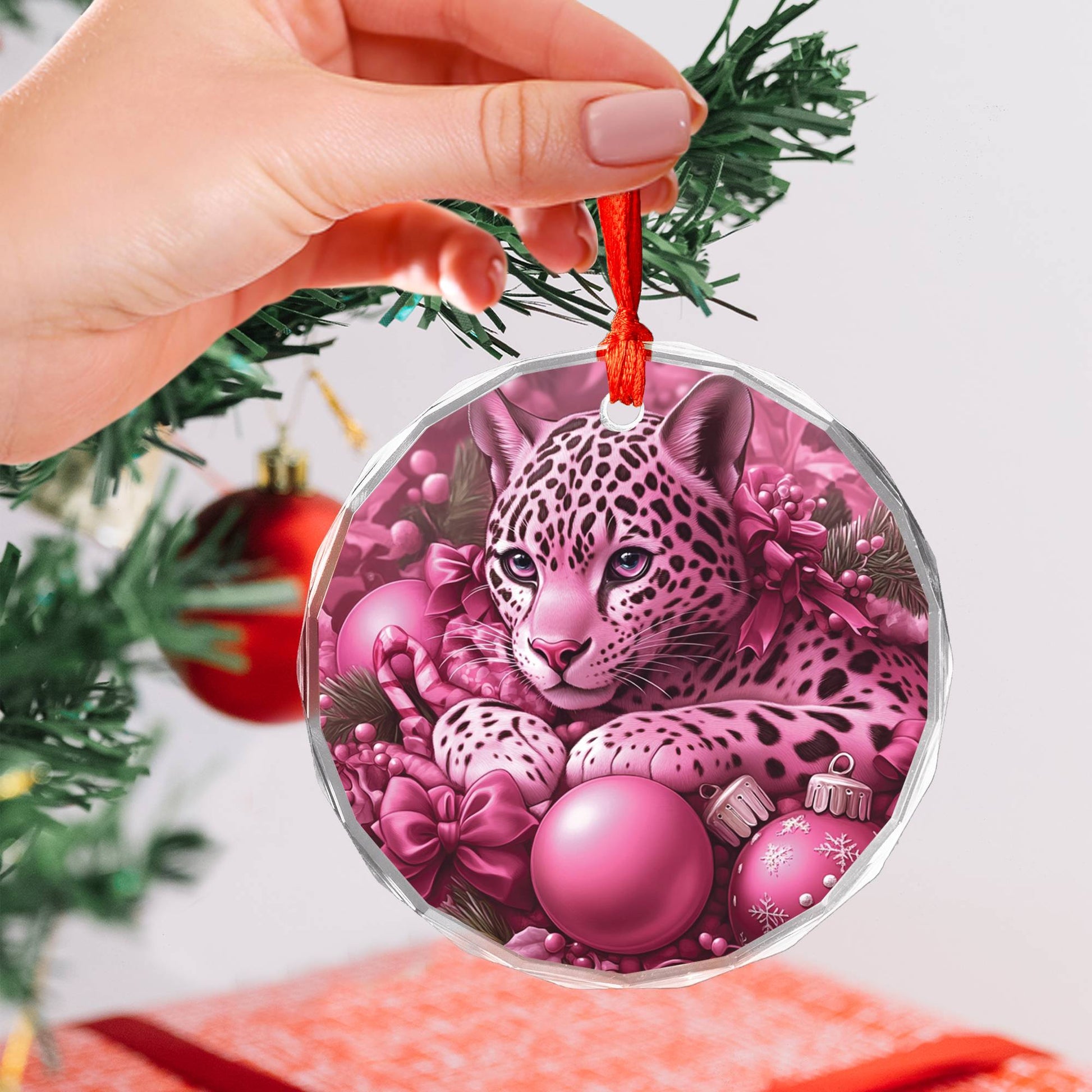 Jaguar Pink Christmas Design 1 Glass Ornament
