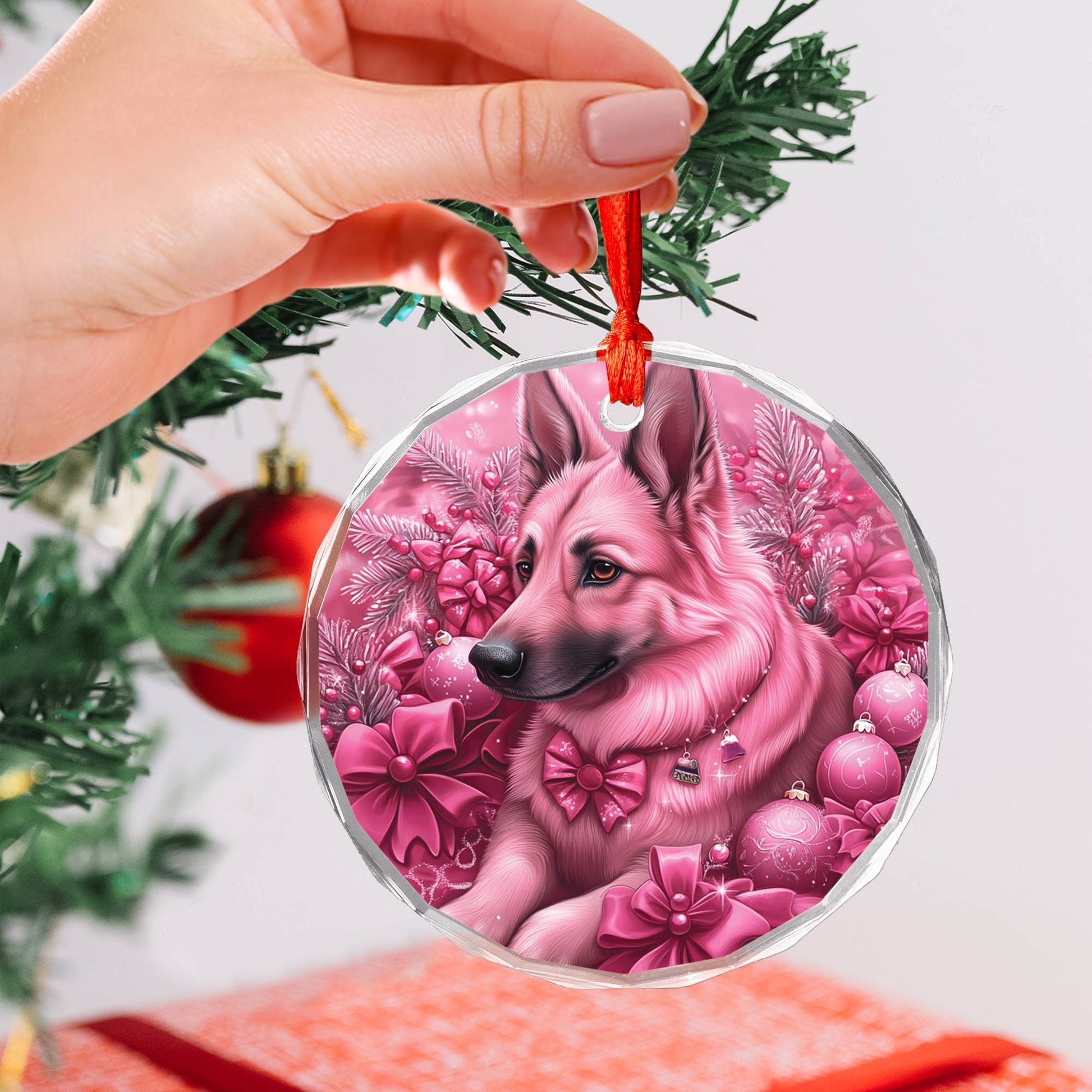 German Shepherd Dog Pink Christmas Design 3 Glass Ornament