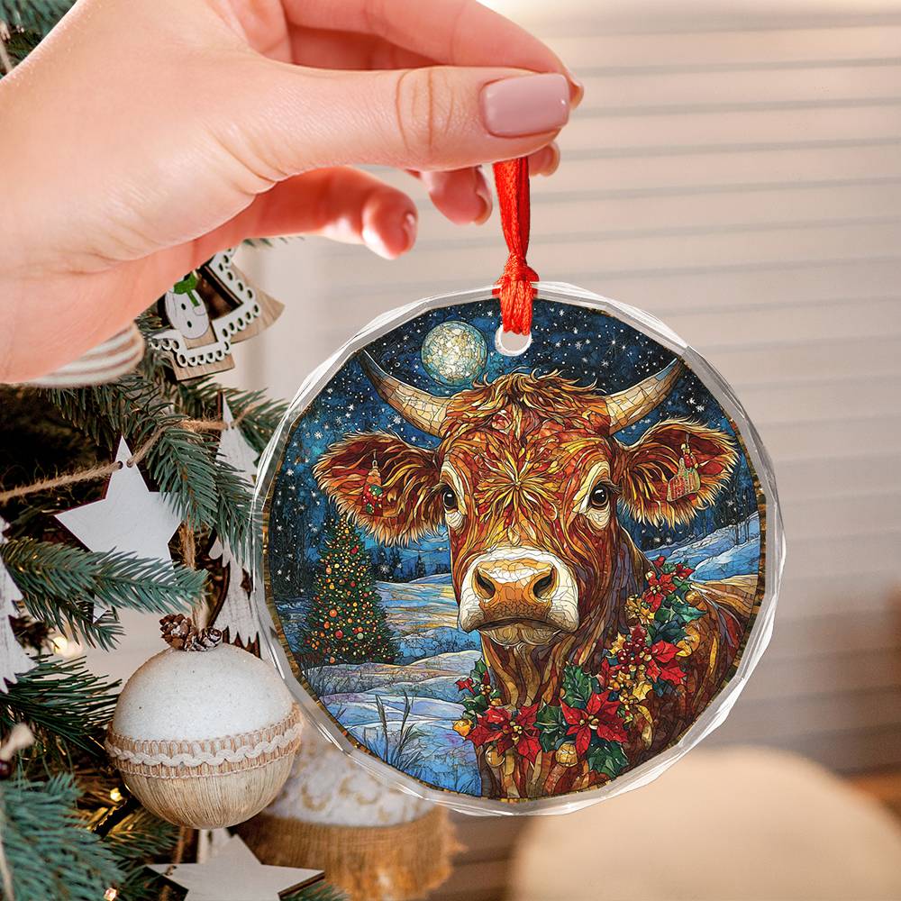 Beautiful Angus Cow Christmas Night Design 3 Glass Ornament