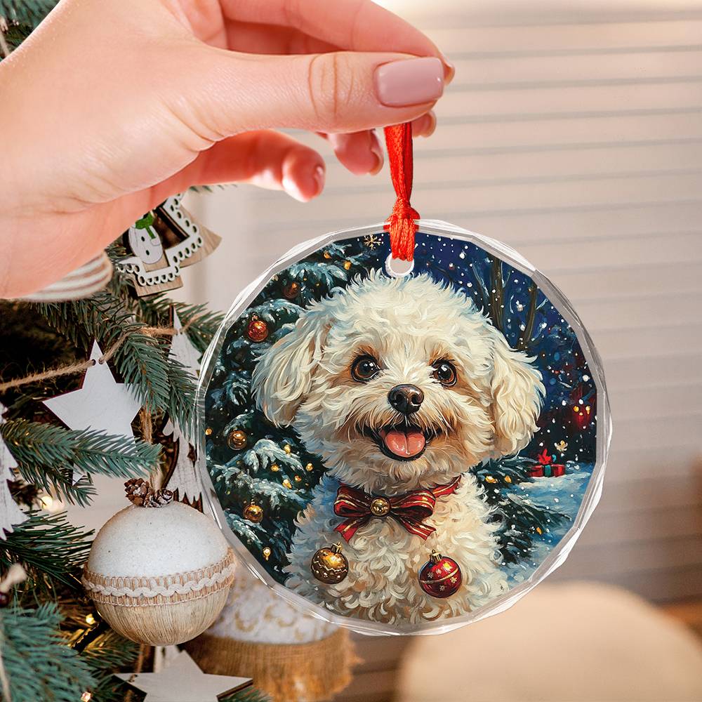 Beautiful Bichon Frise Dog Christmas Night Design 1 Glass Ornament