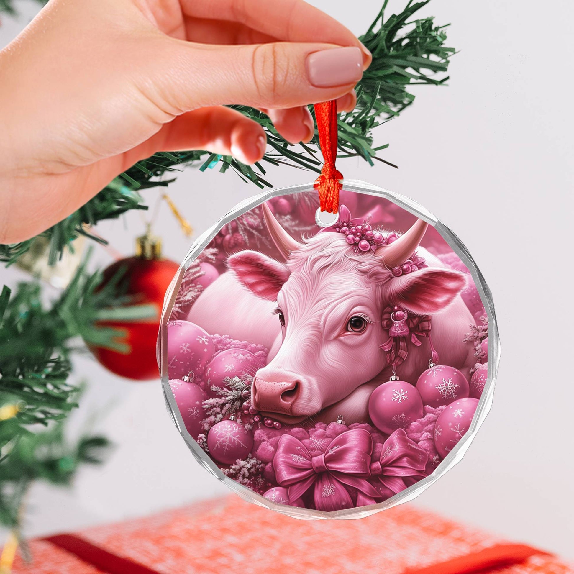Hereford Cow Pink Christmas Design 1 Glass Ornament