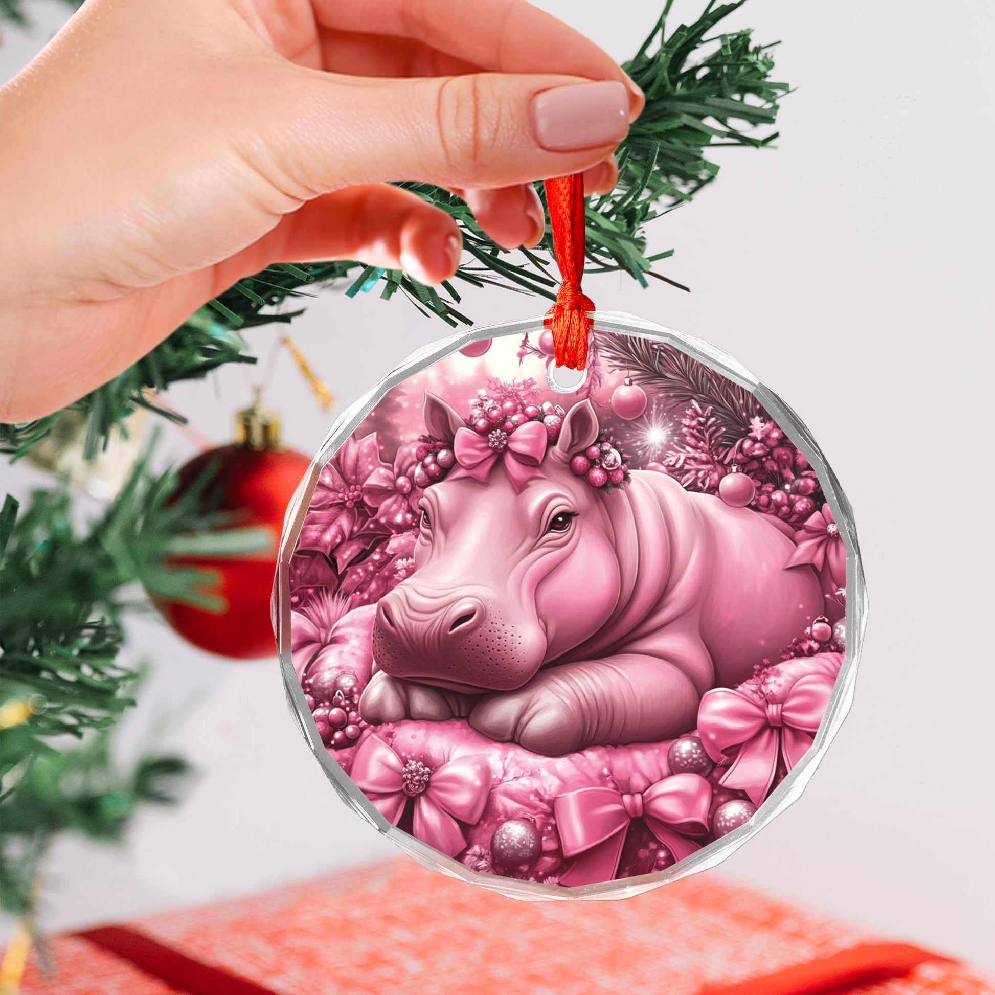 Hippo Pink Christmas Design 2 Glass Ornament