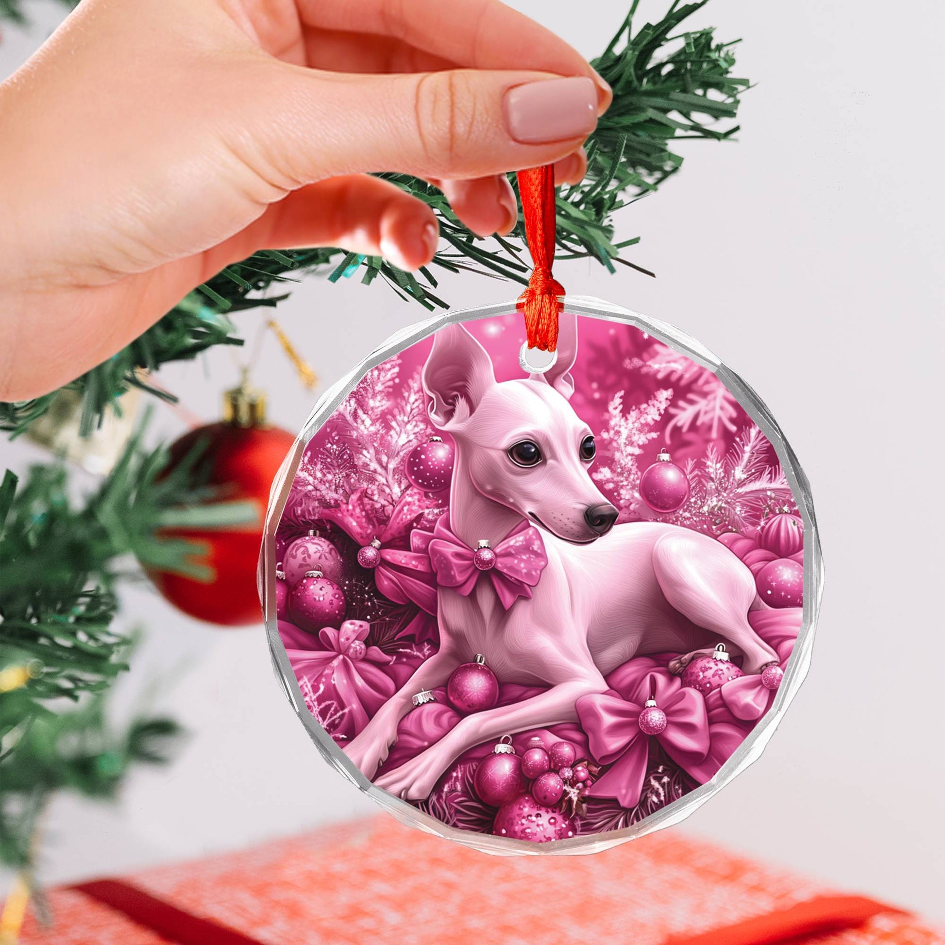 Whippet Dog Pink Christmas Design 2 Glass Ornament