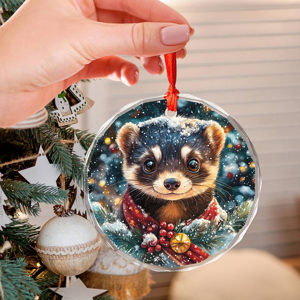Beautiful Ferret Christmas Night Design 4 Glass Ornament
