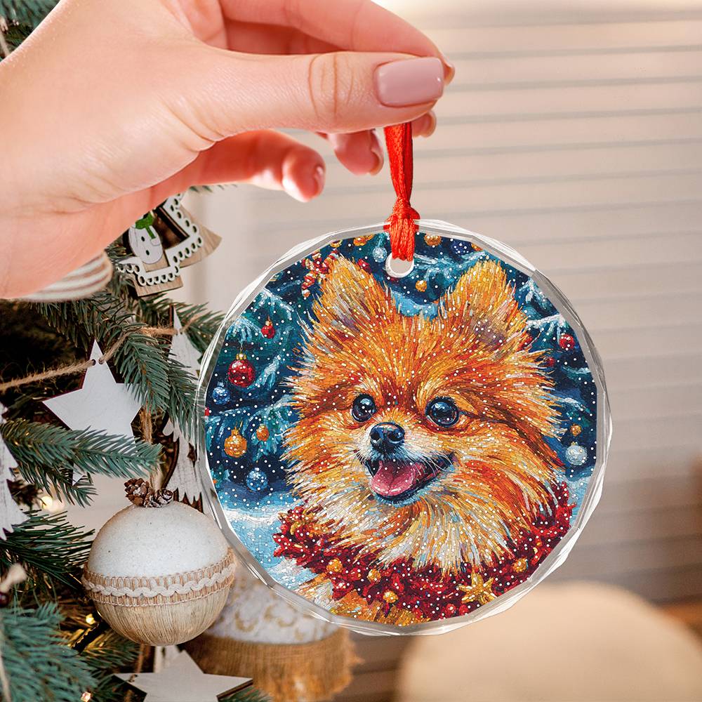 Beautiful Angus Pomeranian Dog Christmas Night Design 2 Glass Ornament
