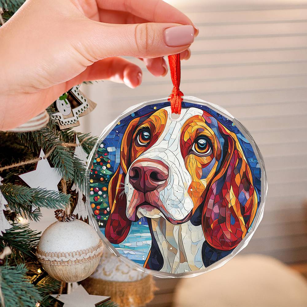 Beautiful Bassett Hound Dog Christmas Night Design 3 Glass Ornament