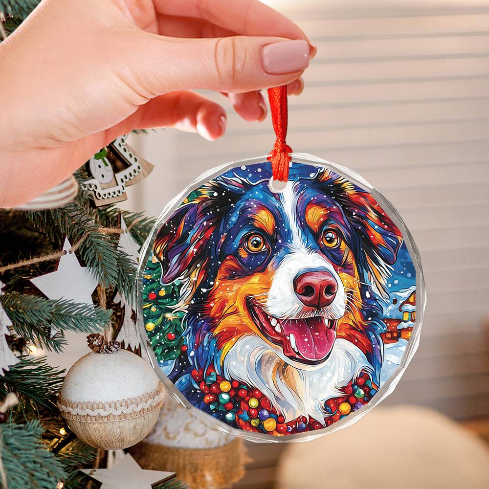 Beautiful Angus Australian Shepherd Dog Christmas Night Design 1 Glass Ornament