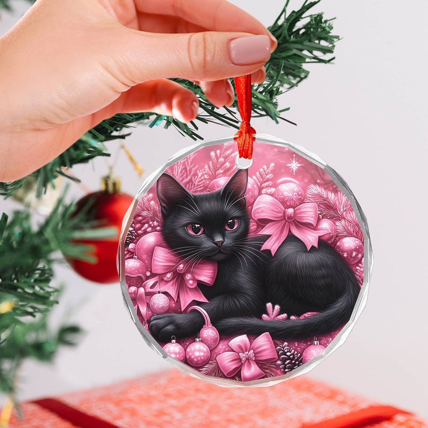 Bombay Cat Pink Christmas Design 2 Glass Ornament