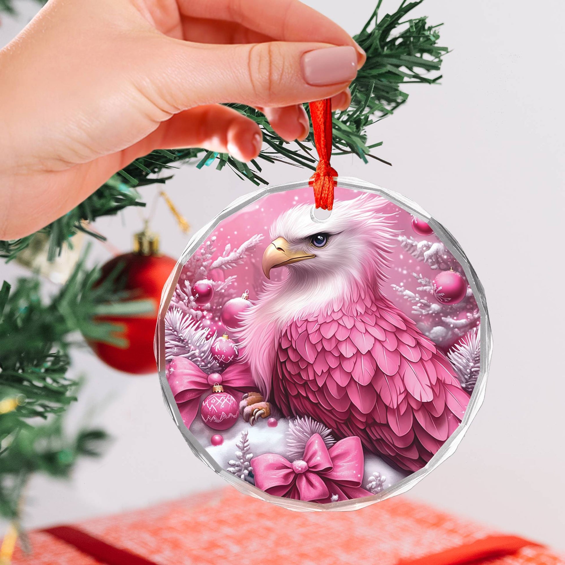 Eagle Pink Christmas Design 3 Glass Ornament
