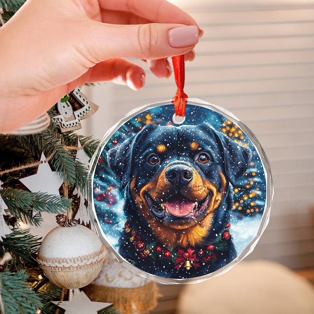 Beautiful Angus Rottweiler Dog Christmas Night Design 3 Glass Ornament