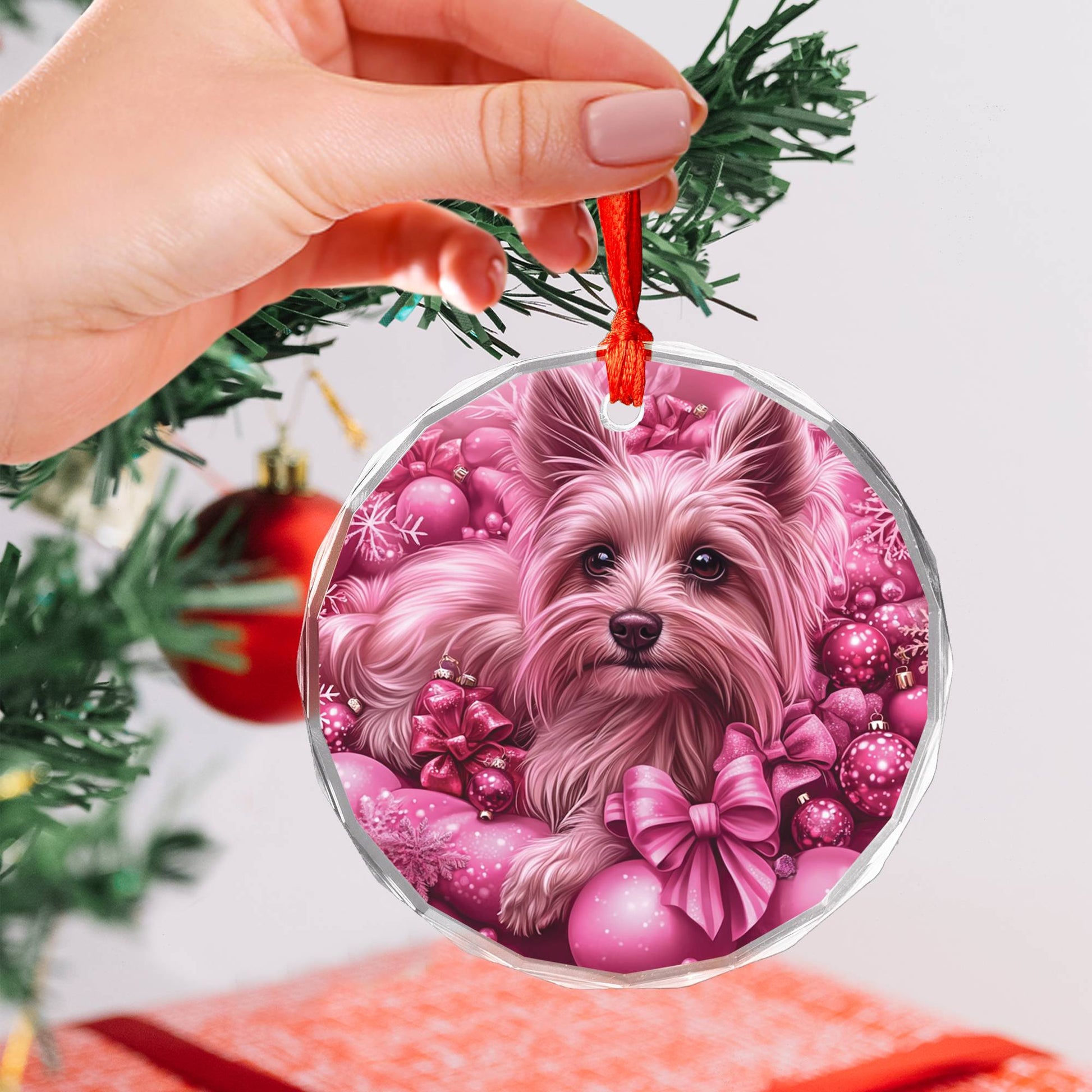 Yorkshire Terrier Dog Pink Christmas Design 2 Glass Ornament