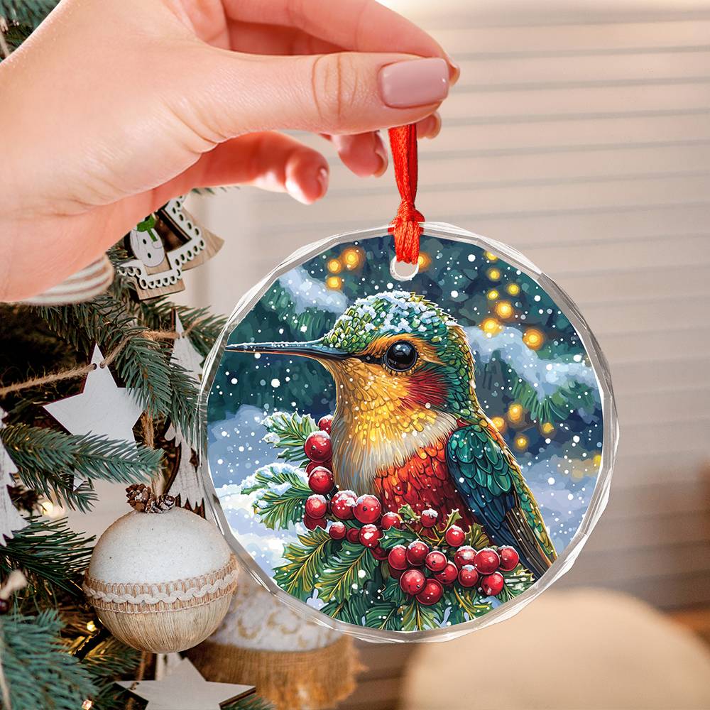 Beautiful Hummingbird Christmas Night Design 4 Glass Ornament