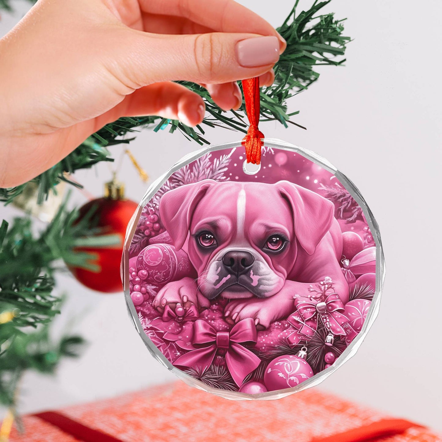 Boxer Dog Pink Christmas Design 2 Glass Ornament