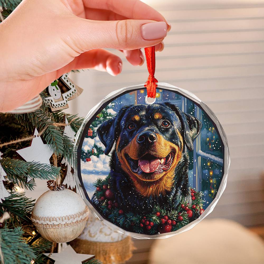 Beautiful Angus Rottweiler Dog Christmas Night Design 1 Glass Ornament