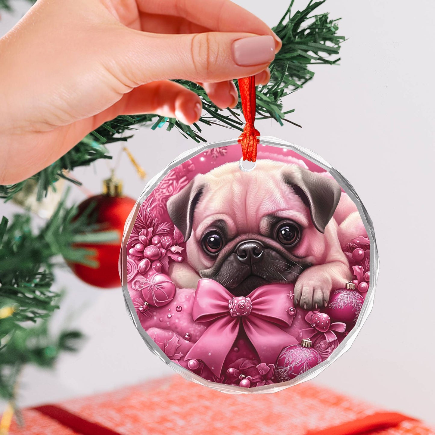 Pug Dog Pink Christmas Design 3 Glass Ornament