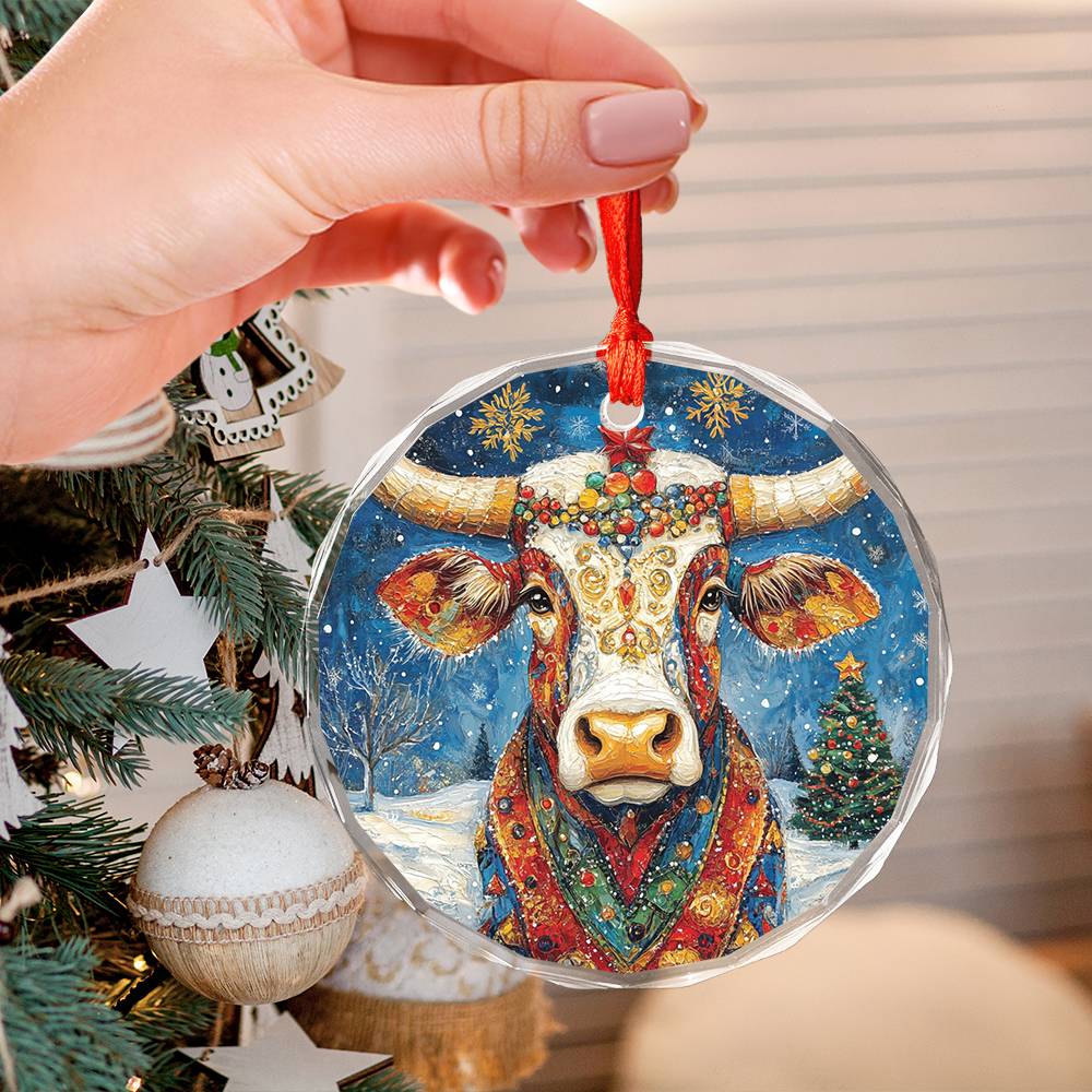 Beautiful Longhorn Cow Christmas Night Design 2 Glass Ornament