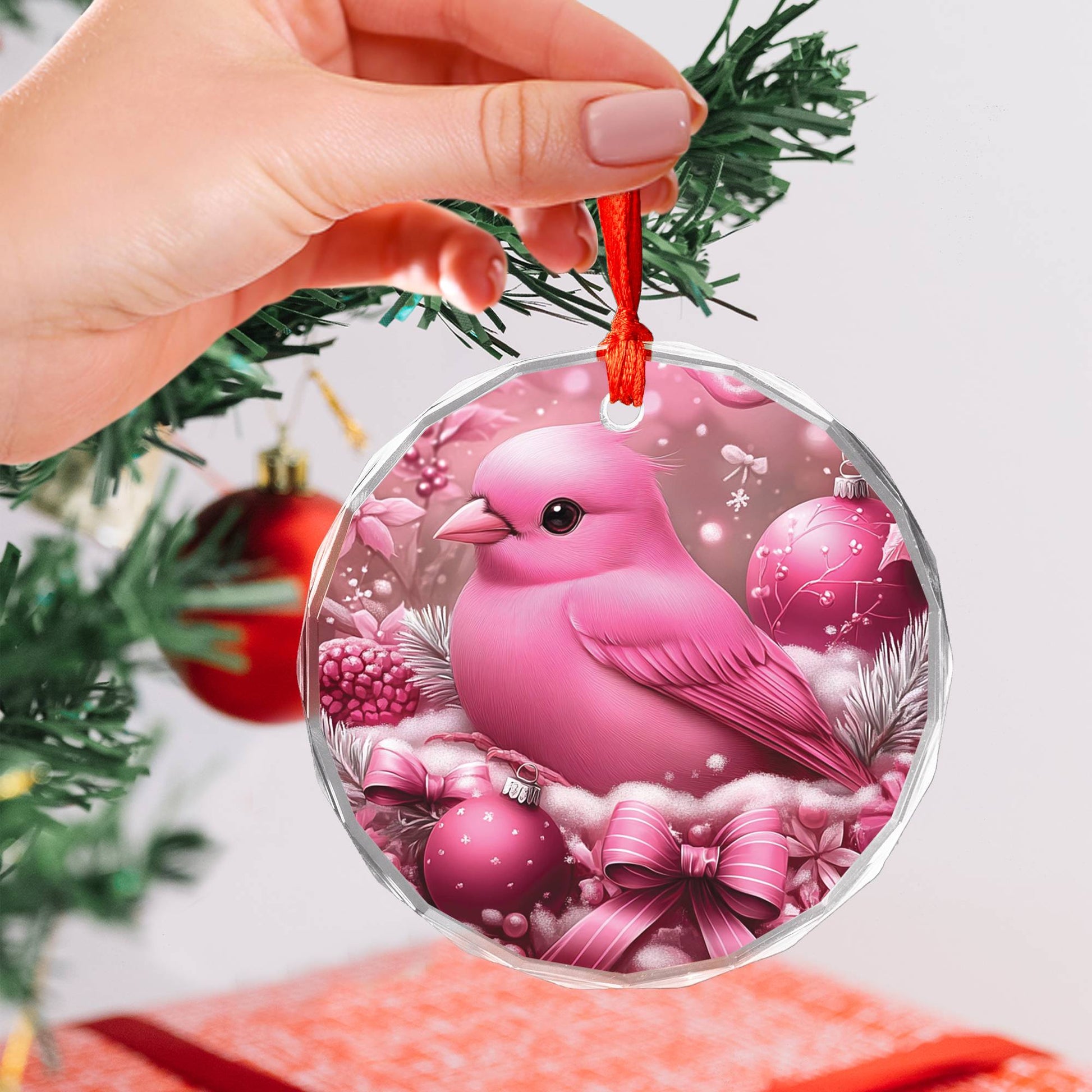 Finch Pink Christmas Design 2 Glass Ornament