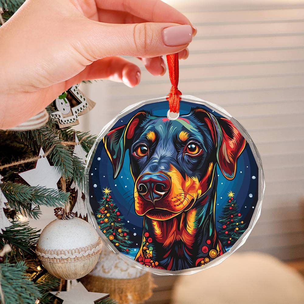 Beautiful Angus Doberman Pinscher Dog Christmas Night Design 3 Glass Ornament