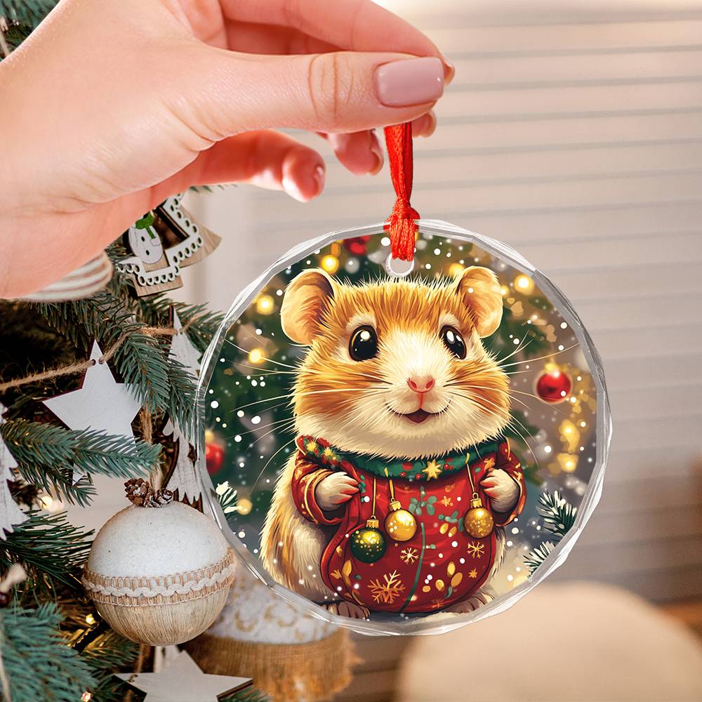 Beautiful Hamster Christmas Night Design 1 Glass Ornament
