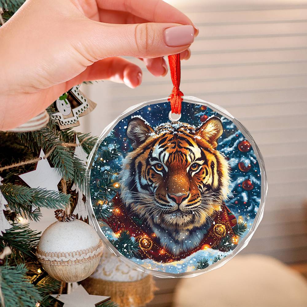 Beautiful Tiger Christmas Night Design 4 Glass Ornament