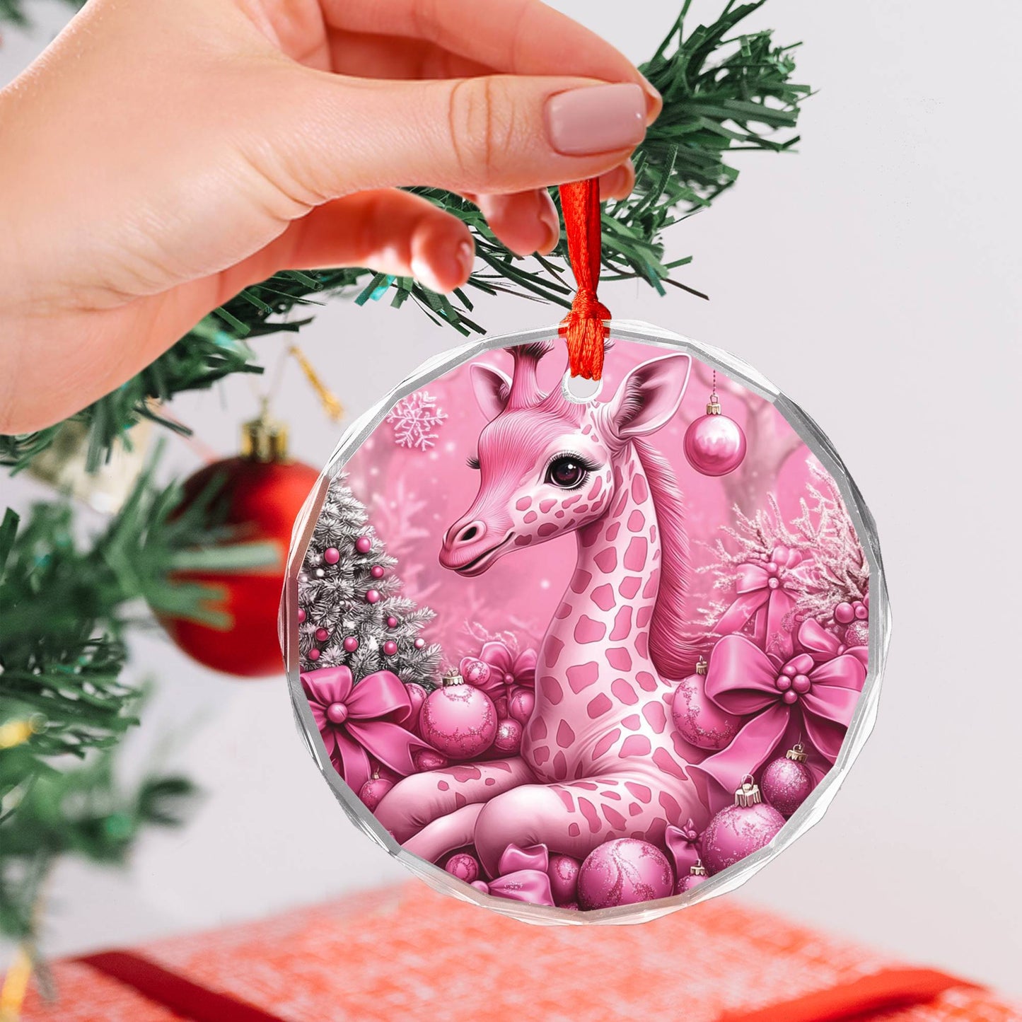 Giraffe Pink Christmas Design 1 Glass Ornament