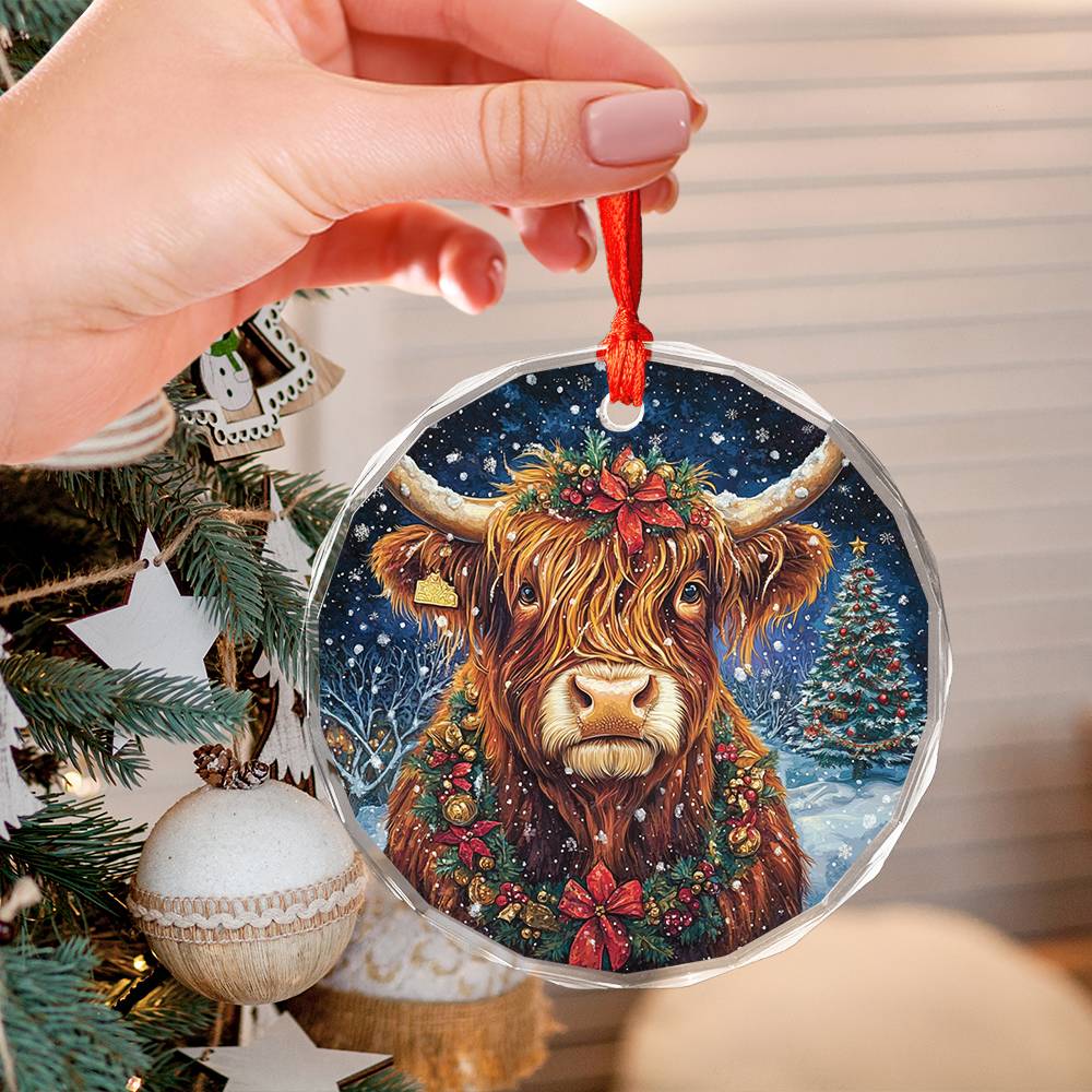 Beautiful Highland Cow Christmas Night Design 1 Glass Ornament