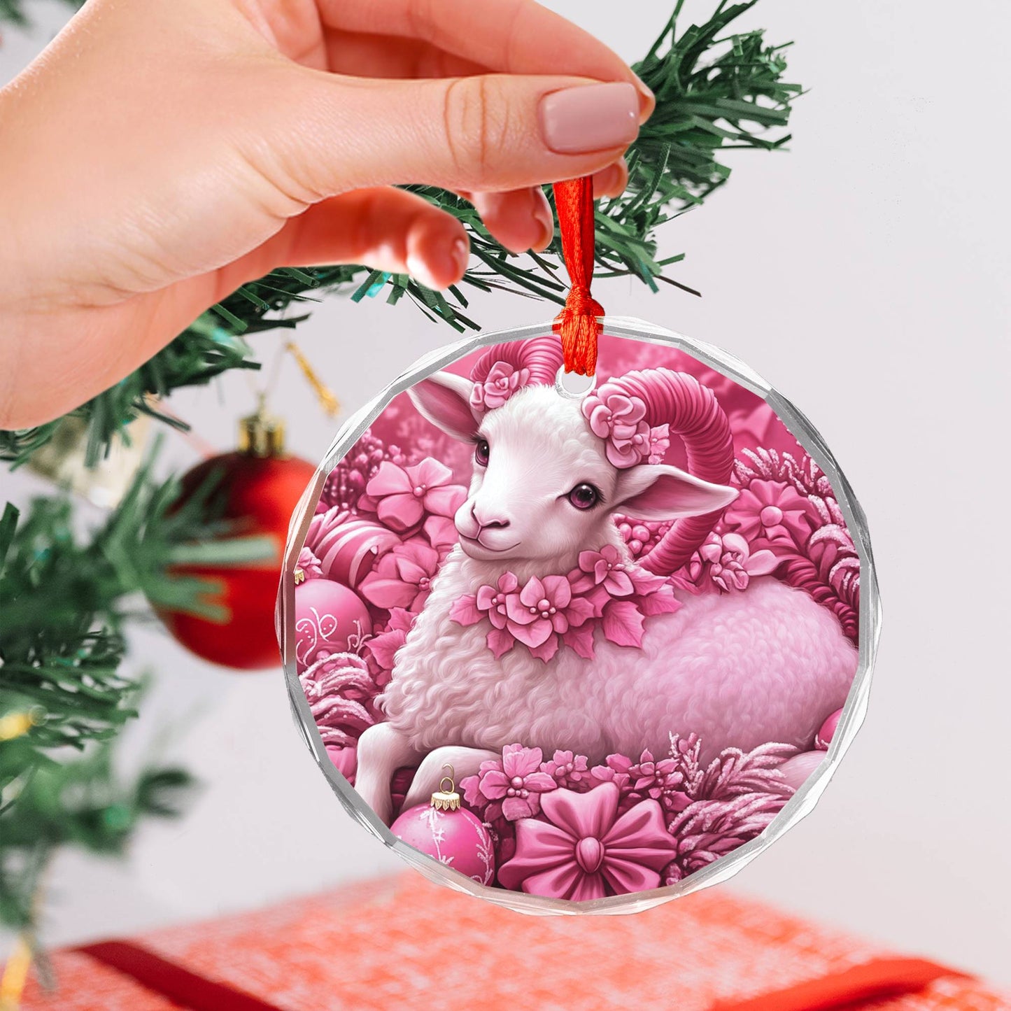 Sheep Pink Christmas Design 3 Glass Ornament