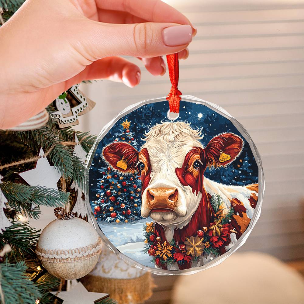 Beautiful Hereford Cow Christmas Night Design 4 Glass Ornament