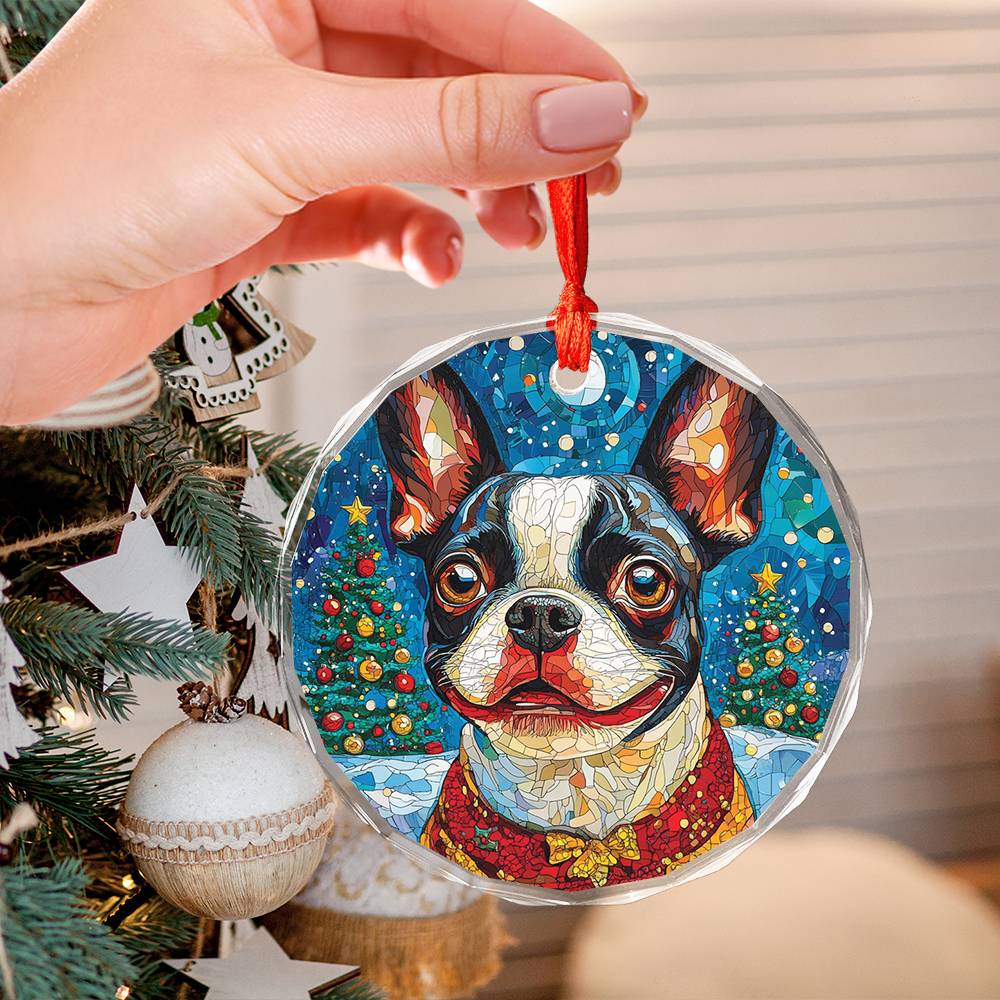 Beautiful Boston Terrier Dog Christmas Night Design 1 Glass Ornament