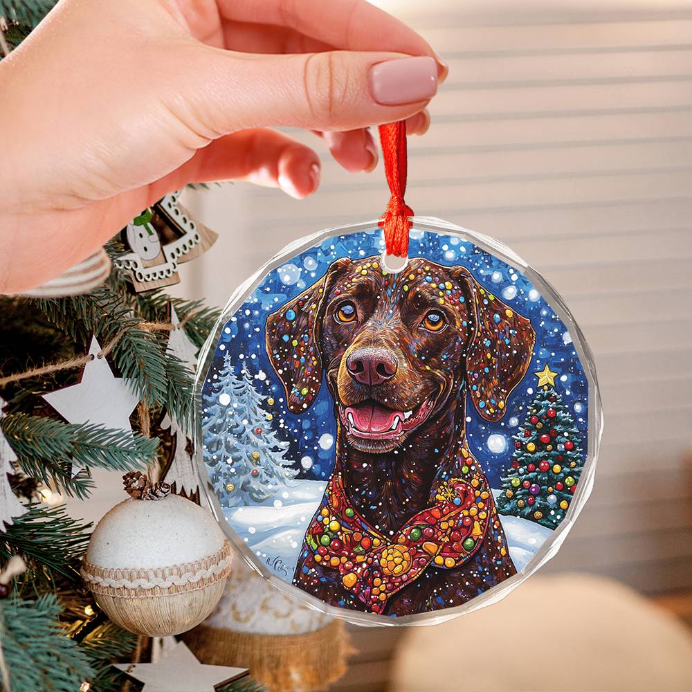 Beautiful Angus German Shorthaired Pointer Dog Christmas Night Design 2 Glass Ornament