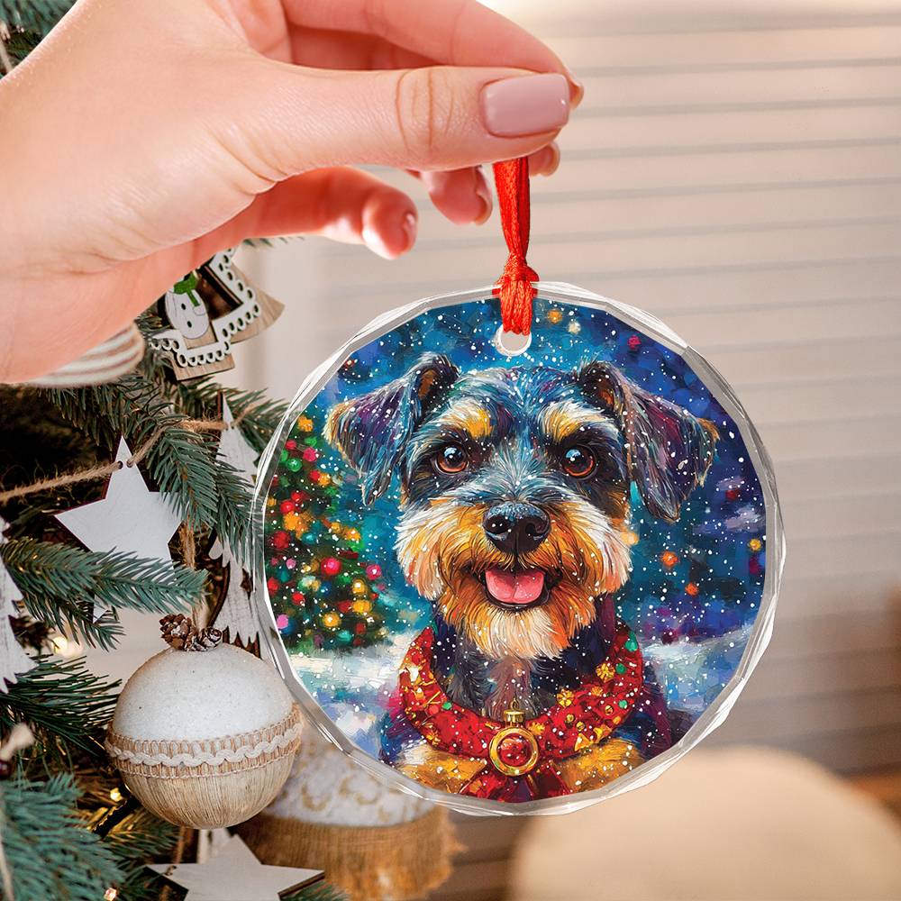 Beautiful Angus Miniature Schnauzer Dog Christmas Night Design 3 Glass Ornament