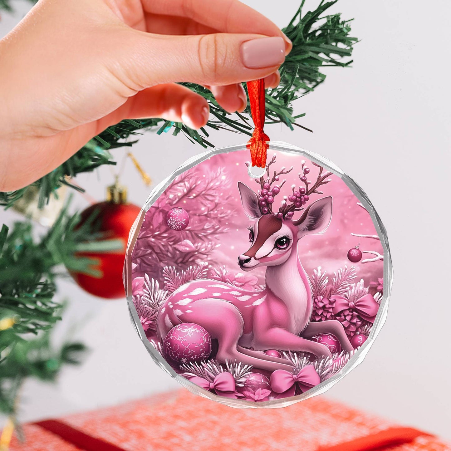 Antelope Pink Christmas Design 3 Glass Ornament